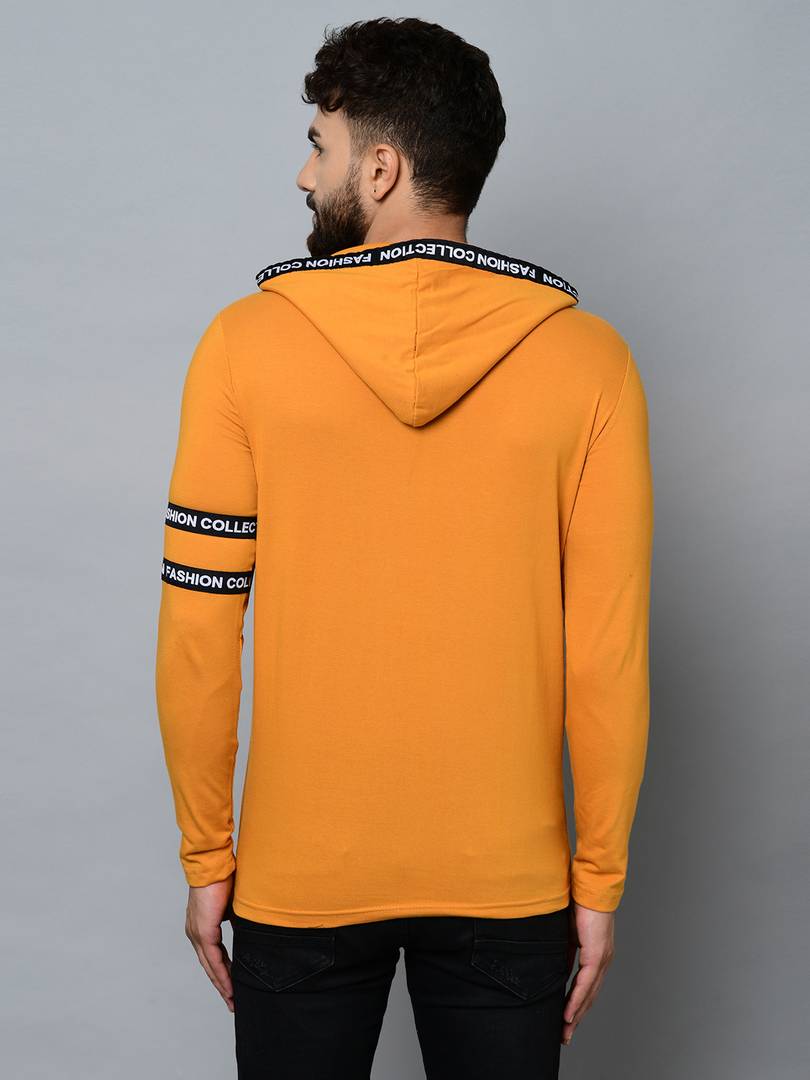 Men's Yellow Cotton Self Pattern Hooded Tees